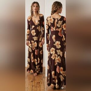 Free People Floral Long Sleeve Maxi Dress - Purple/Burgandy/Orange Sz Large NWT